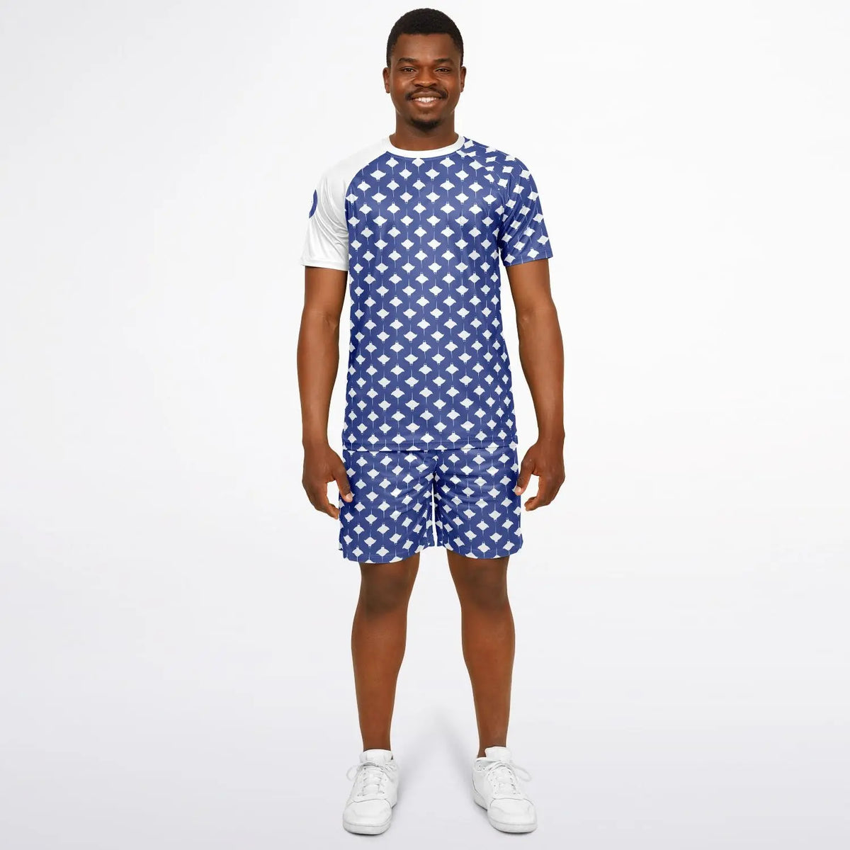 Men's blue top and shorts set with manta ray print made by Maris Equi featuring short sleeves and a comfortable fit.