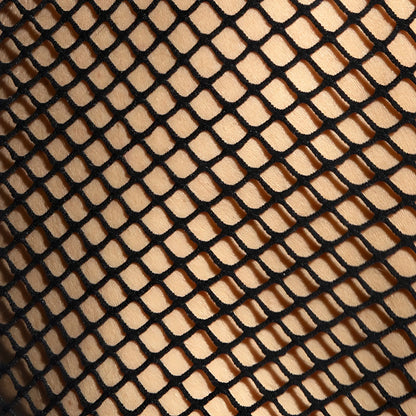 Black fishnet fabric with diamond mesh pattern used in beachy net strap tank top material close up