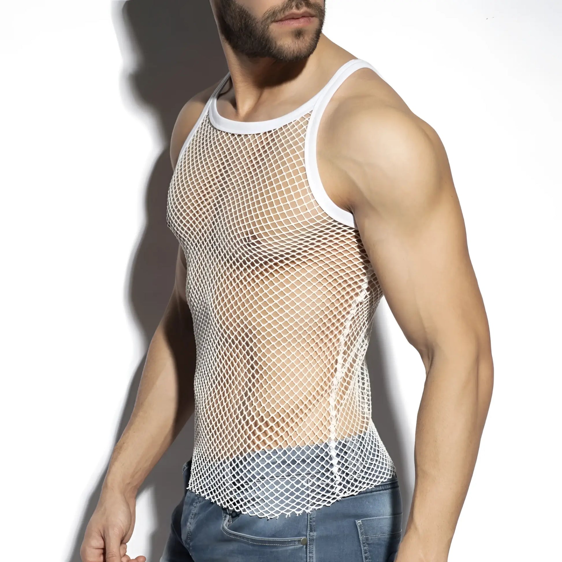 White mesh beachy net strap tank top with solid white trim ideal for casual summer wear