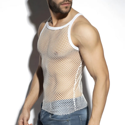 White mesh beachy net strap tank top with solid white trim ideal for casual summer wear