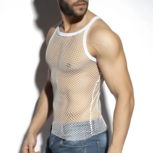 White mesh beachy net strap tank top with solid white trim ideal for casual summer wear