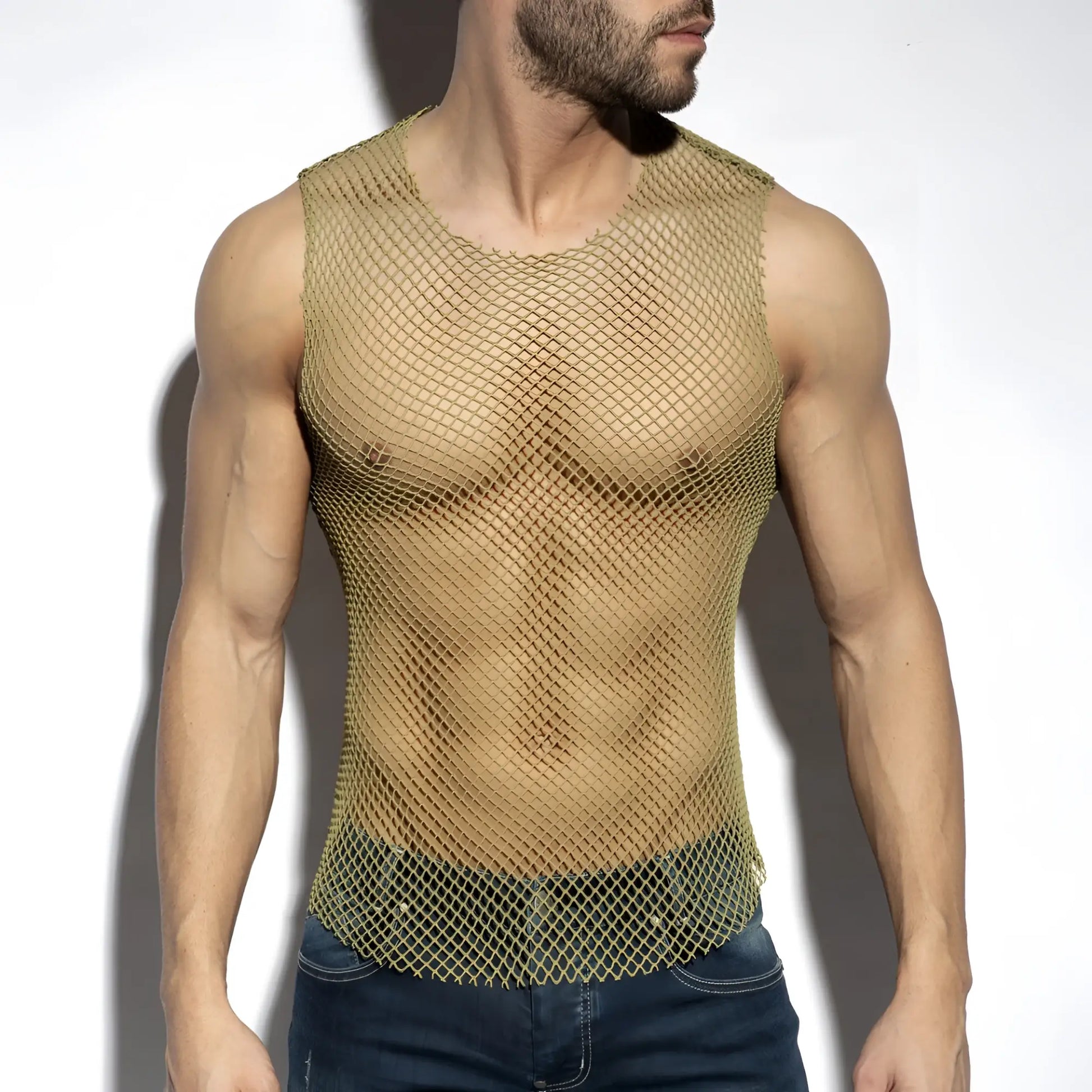 Beachy net tank top gold-toned mesh sleeveless fitted design with rounded neckline perfect for summer wear