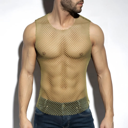 Beachy net tank top gold-toned mesh sleeveless fitted design with rounded neckline perfect for summer wear