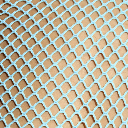 Light blue mesh fabric with diamond-shaped pattern on beachy net tank top front side for beachwear