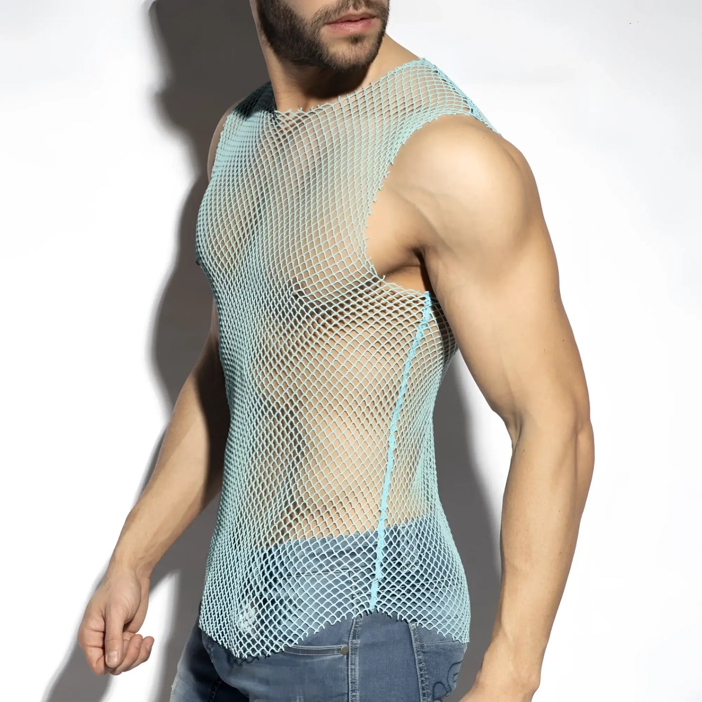 Light blue mesh beachy net tank top with fitted sleeveless design ideal for casual summer wear