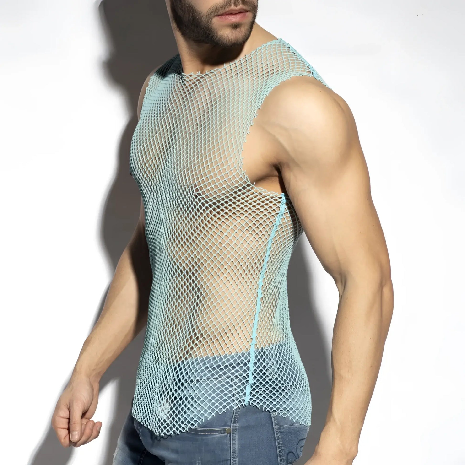 Light blue mesh beachy net tank top with fitted sleeveless design ideal for casual summer wear
