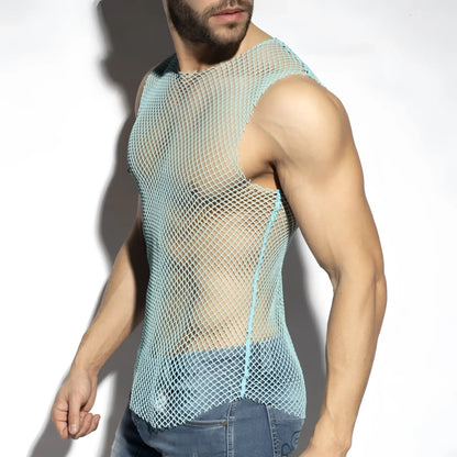 Light blue mesh beachy net tank top with fitted sleeveless design ideal for casual summer wear