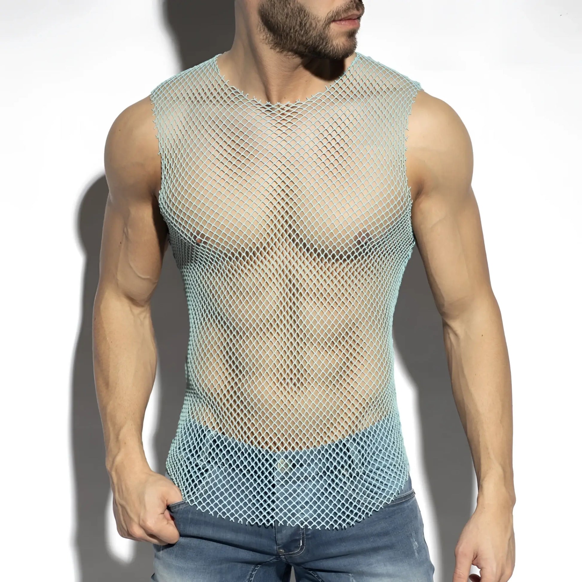 Light blue mesh sleeveless beachy net tank top with round neckline and scalloped hem for summer wear