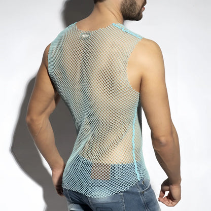 Light blue mesh beachy net tank top with subtle sheen and reinforced shoulder seams for breathable comfort