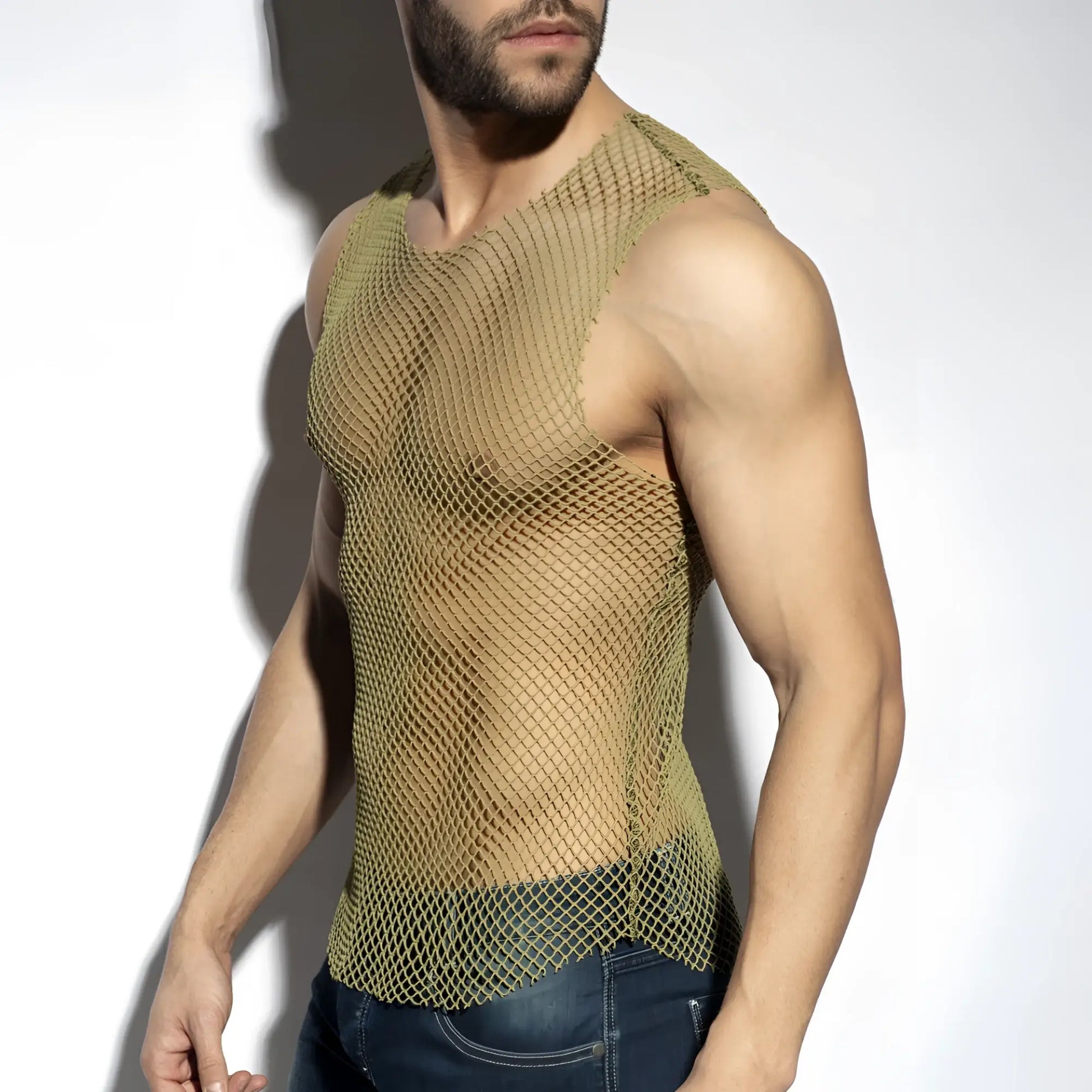 Olive green mesh beachy net tank top made of breathable material perfect for casual summer wear
