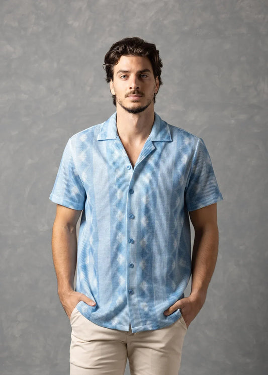 Bespoke Moda Herren-Kurzarmhemd mit Textur „Azure Coast“ – Blau