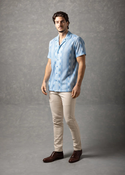 Bespoke Moda Herren-Kurzarmhemd mit Textur „Azure Coast“ – Blau