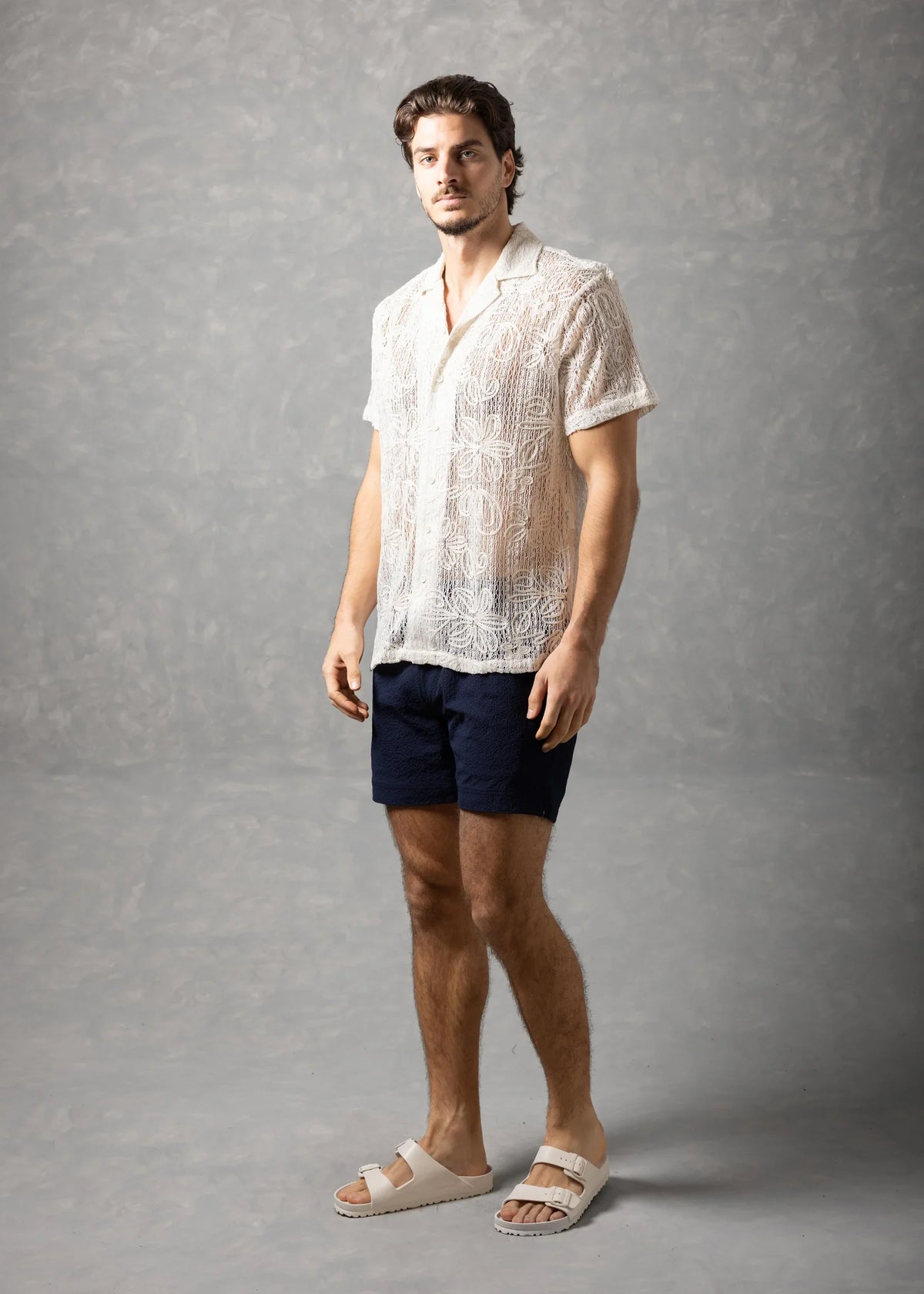 Bespoke Moda Herren Kurzarmhemd mit floralem Grobstrick - Weiß