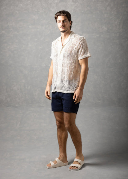 Bespoke Moda Herren Kurzarmhemd mit floralem Grobstrick - Weiß