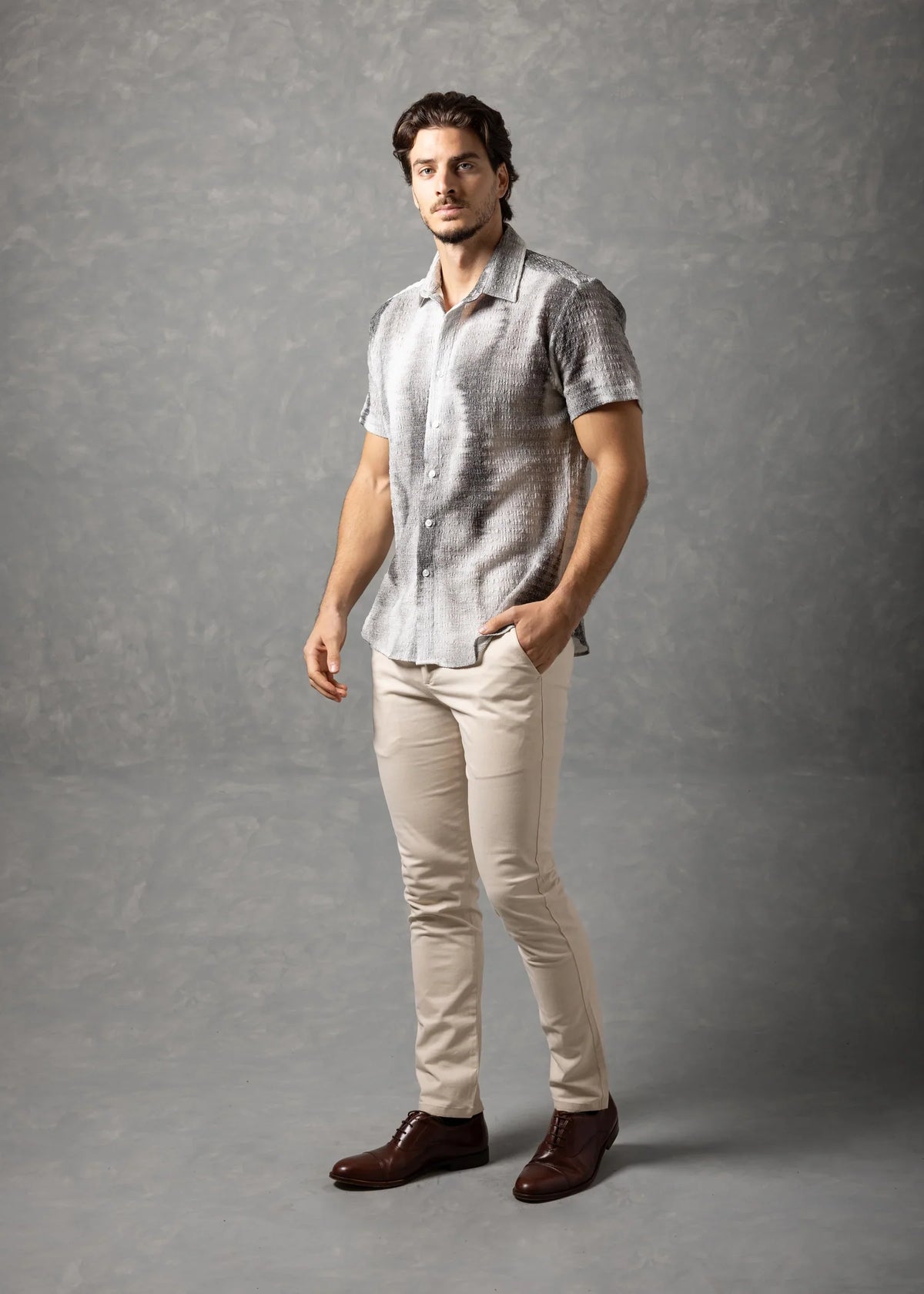 Bespoke Moda Herren-Strickhemd mit tonaler Textur, kurzärmelig - Weiß