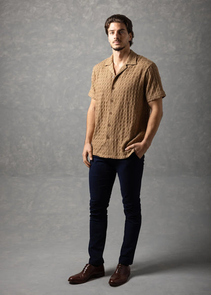 Bespoke Moda Herren Valentino Texturiertes Resort-Kurzarmhemd - Khaki