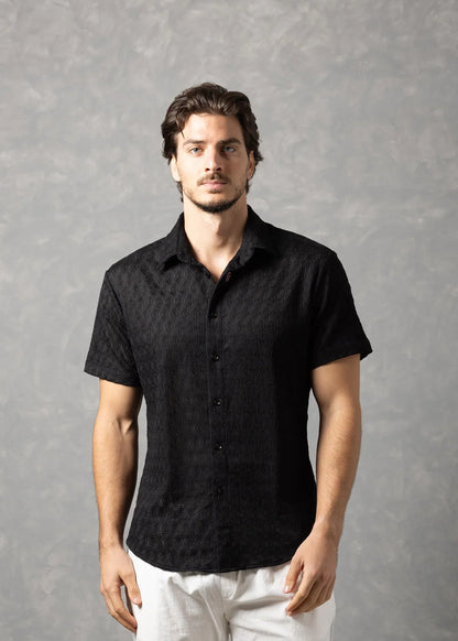 Bespoke Moda Herren Desert Textured Resort Kurzarmhemd - Schwarz