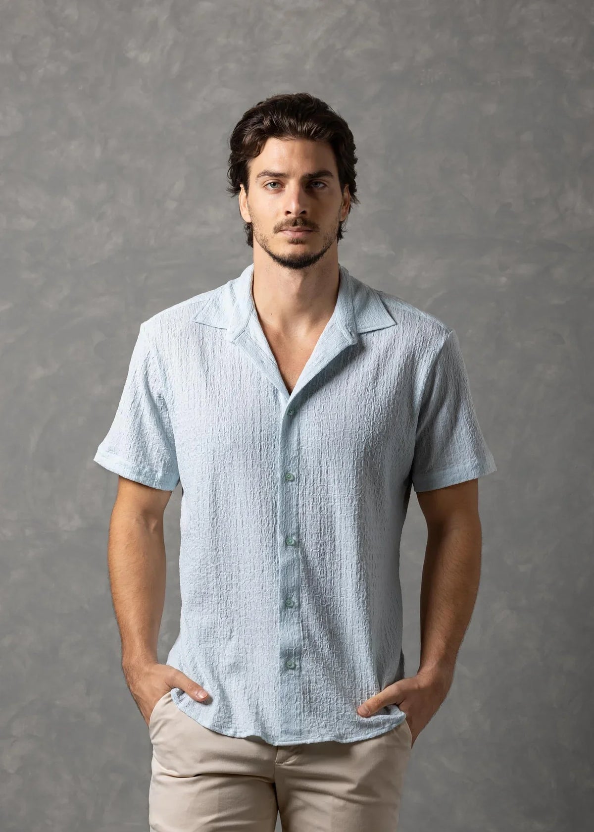 Bespoke Moda Herren Matera Hemd mit Knitterstruktur, Kurzarm – Türkis