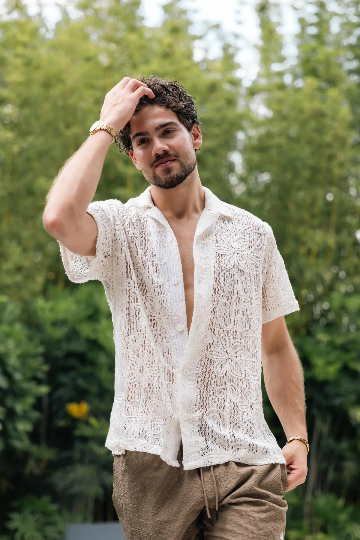Bespoke Moda Herren Kurzarmhemd mit floralem Grobstrick - Weiß