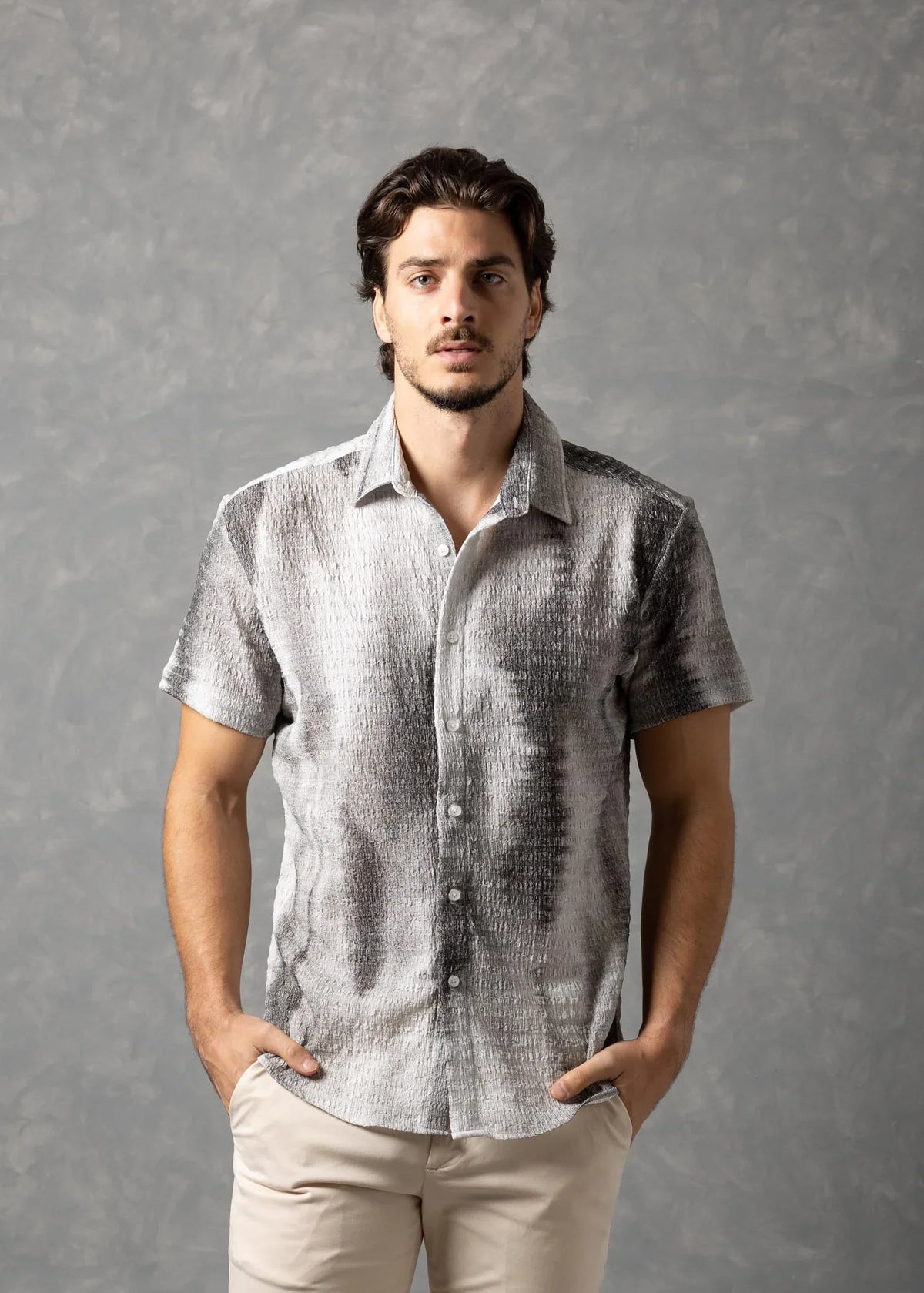Bespoke Moda Herren-Strickhemd mit tonaler Textur, kurzärmelig - Weiß