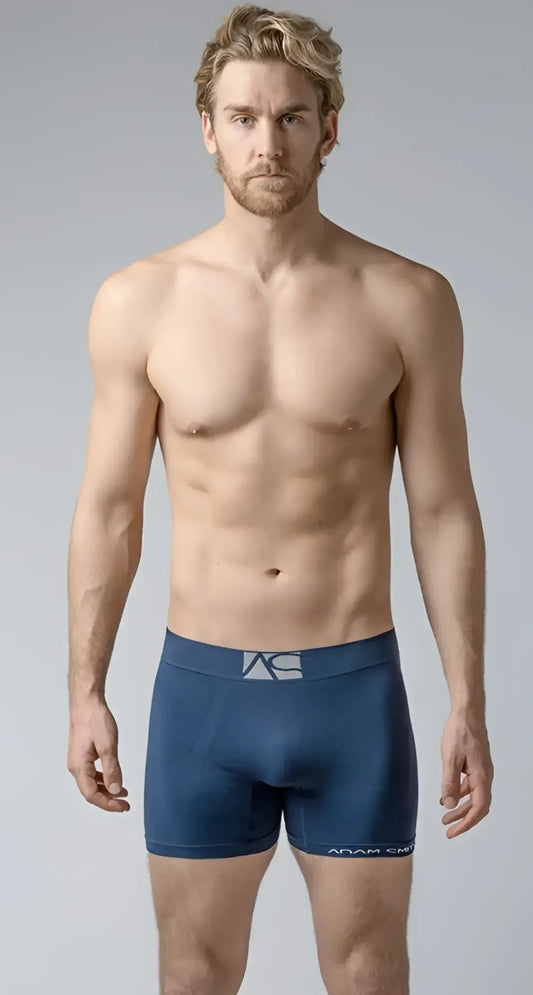 Navy blue Best Trunks boxer briefs with white logo waistband and brand name printed along the leg seam