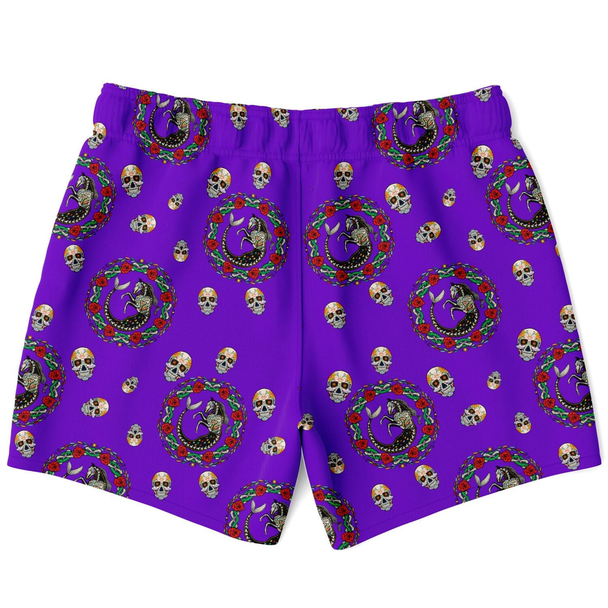 Purple swim shorts by Maris Equi featuring a Day of the Dead skull and floral pattern elastic waistband and relaxed fit.