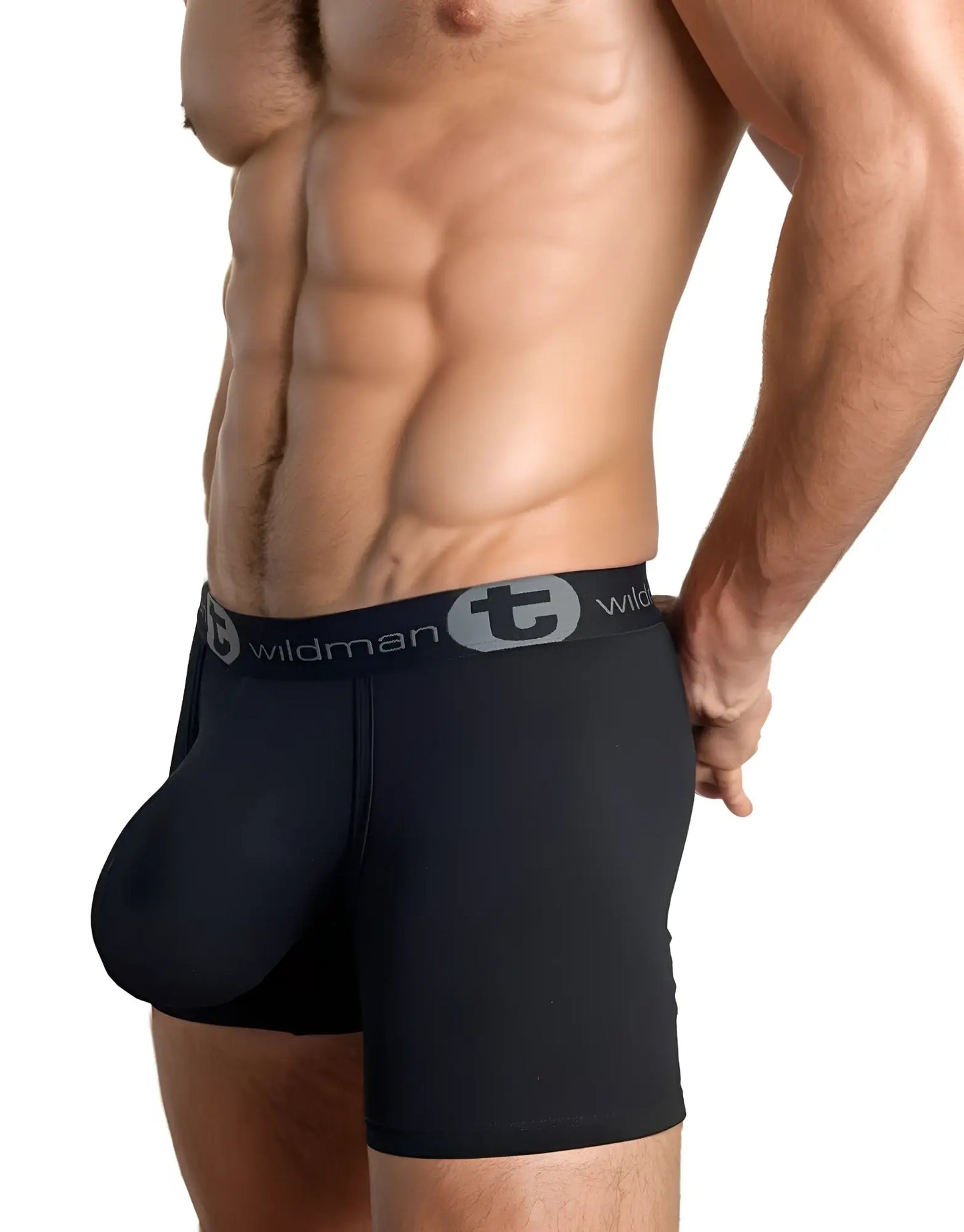 Black men’s boxer briefs with big boy pouch 5 inch inseam in black featuring gray elastic waistband and wildman logo