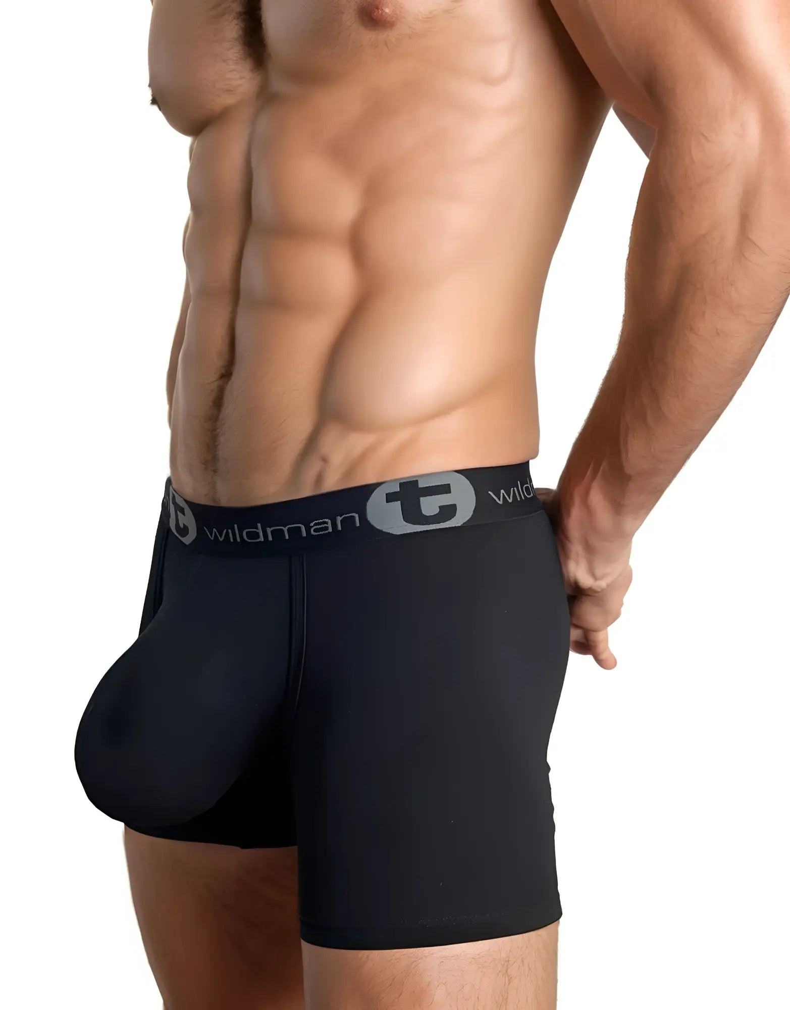 Black men’s boxer briefs with big boy pouch 5 inch inseam in black featuring gray elastic waistband and wildman logo