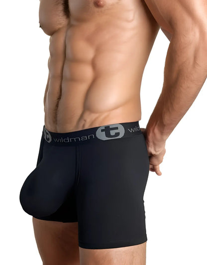 Black men’s boxer briefs with big boy pouch 5 inch inseam in black featuring gray elastic waistband and wildman logo