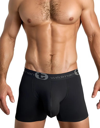 Black big boy pouch boxer briefs with 5 inch inseam gray elastic waistband and wildman logo for comfortable support