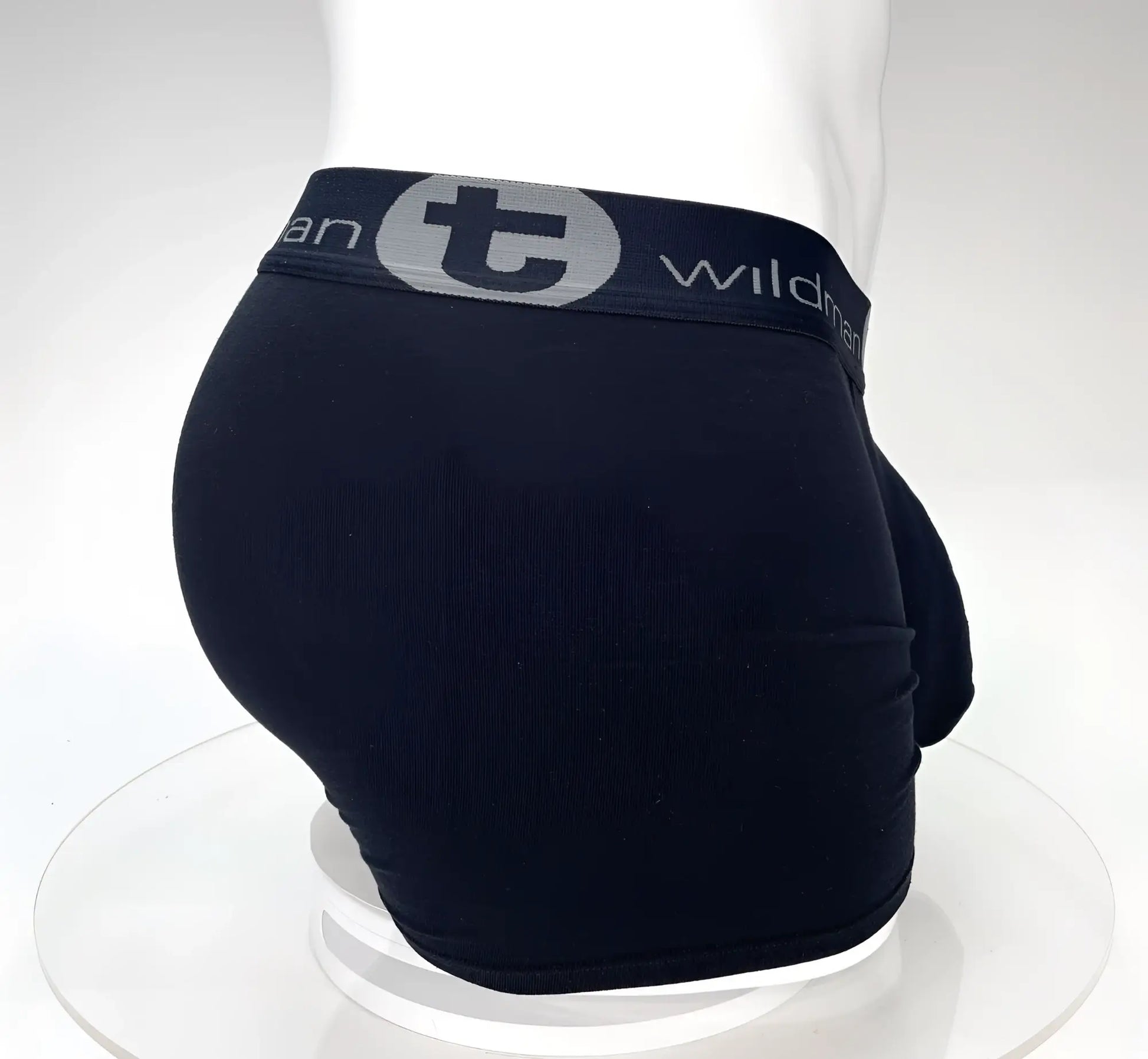 Black big boy pouch 5 inch inseam boxer briefs with gray elastic waistband featuring t wildman logo