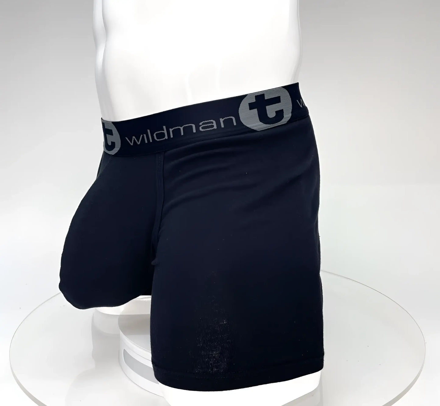 Black wildman big boy pouch 5 inch inseam boxer briefs in black with gray elastic waistband featuring logo