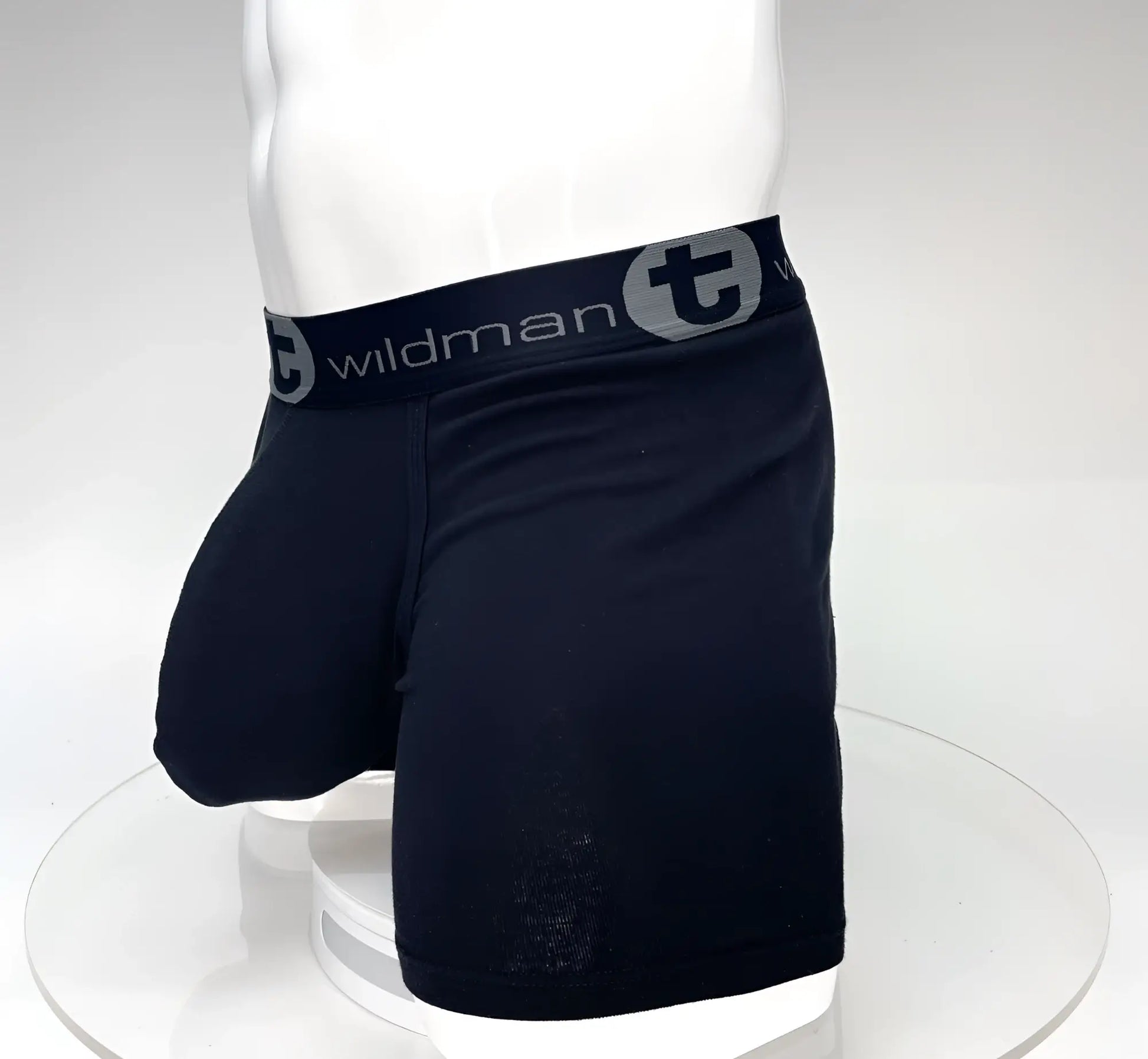 Black wildman big boy pouch 5 inch inseam boxer briefs in black with gray elastic waistband featuring logo