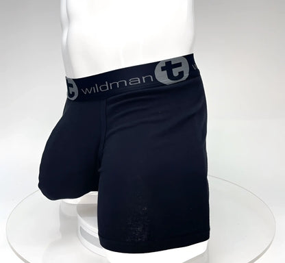 Black wildman big boy pouch 5 inch inseam boxer briefs in black with gray elastic waistband featuring logo