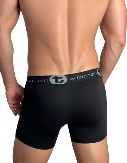 Black wildman big boy pouch boxer briefs in black with gray logo band and 5 inch inseam front view