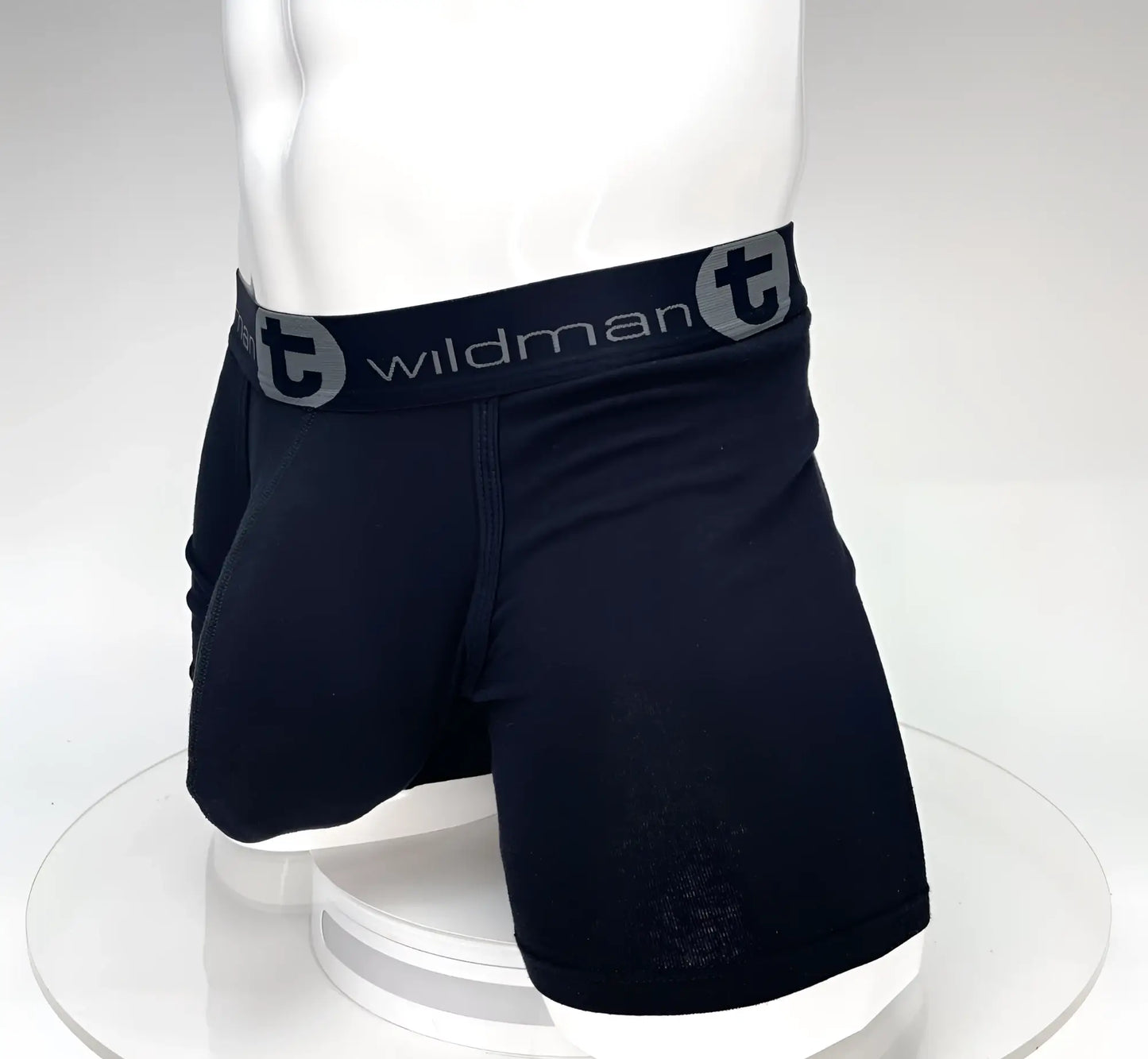 Black wildman big boy pouch 5 inch inseam boxer brief in black with gray waistband and t logo