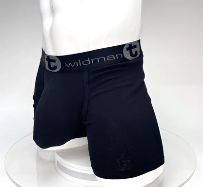 Black wildman big boy pouch 5 inch inseam boxer brief in black with gray waistband and t logo