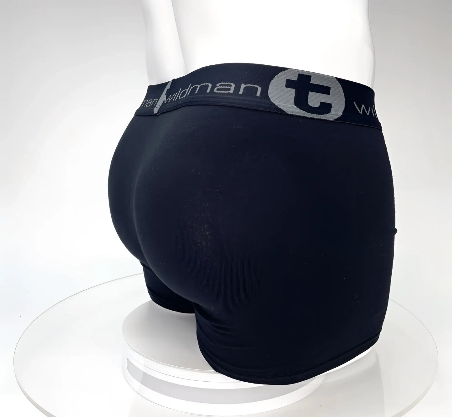 Black wildman big boy pouch boxer briefs in black with 5 inch inseam and gray logo on waistband