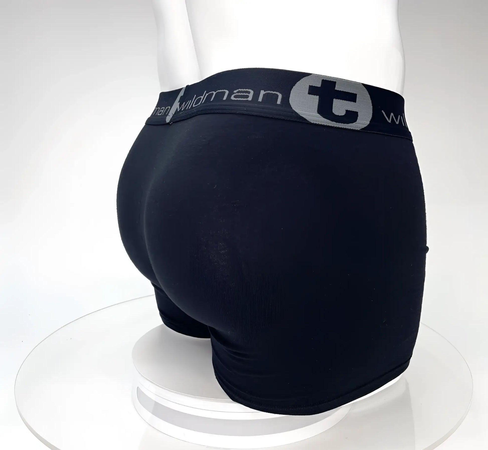 Black wildman big boy pouch boxer briefs in black with 5 inch inseam and gray logo on waistband