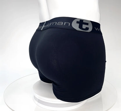 Black wildman big boy pouch boxer briefs in black with 5 inch inseam and gray logo on waistband