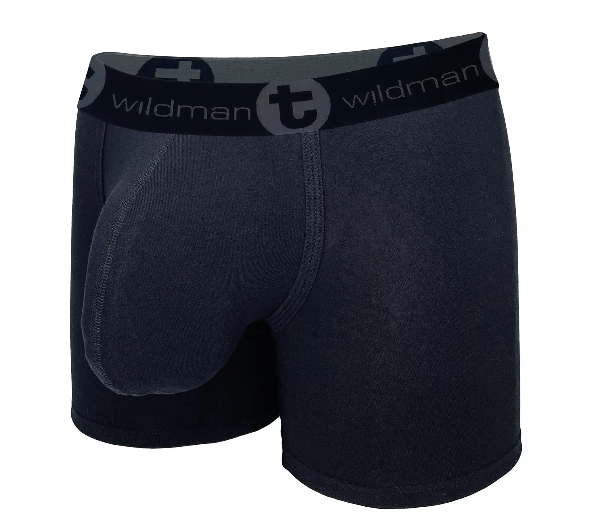 Black wildman big boy pouch 5 inch inseam boxer brief in black with supportive pouch and wildman t logo waistband