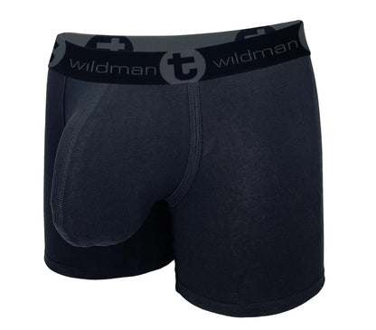 Black wildman big boy pouch 5 inch inseam boxer brief in black with supportive pouch and wildman t logo waistband