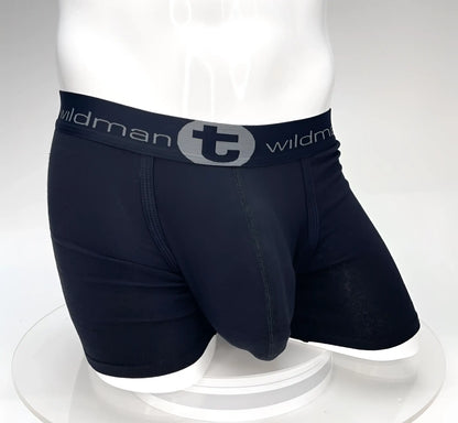 Big Boy pouch 5 inch inseam black boxer briefs with gray elastic waistband featuring brand logo
