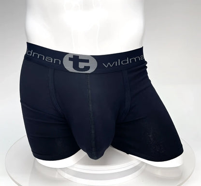 Black big boy pouch boxer briefs with 5 inch inseam and gray elastic waistband featuring brand logo