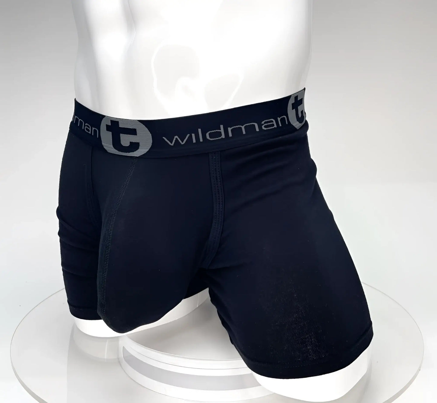 Black big boy pouch 5 inch inseam boxer briefs with gray elastic waistband featuring the brand logo
