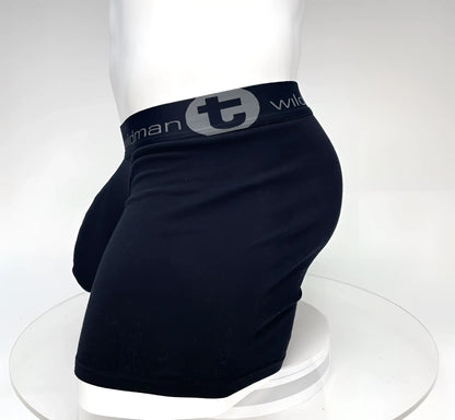 Black wildman big boy pouch boxer briefs with 5 inch inseam and gray logo waistband in black