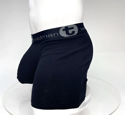 Black wildman big boy pouch 5 inch inseam boxer briefs with gray logo waistband in black color