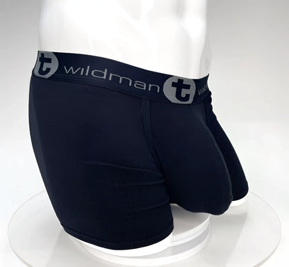 Black big boy pouch boxer briefs with 5 inch inseam and gray logo waistband for comfortable support