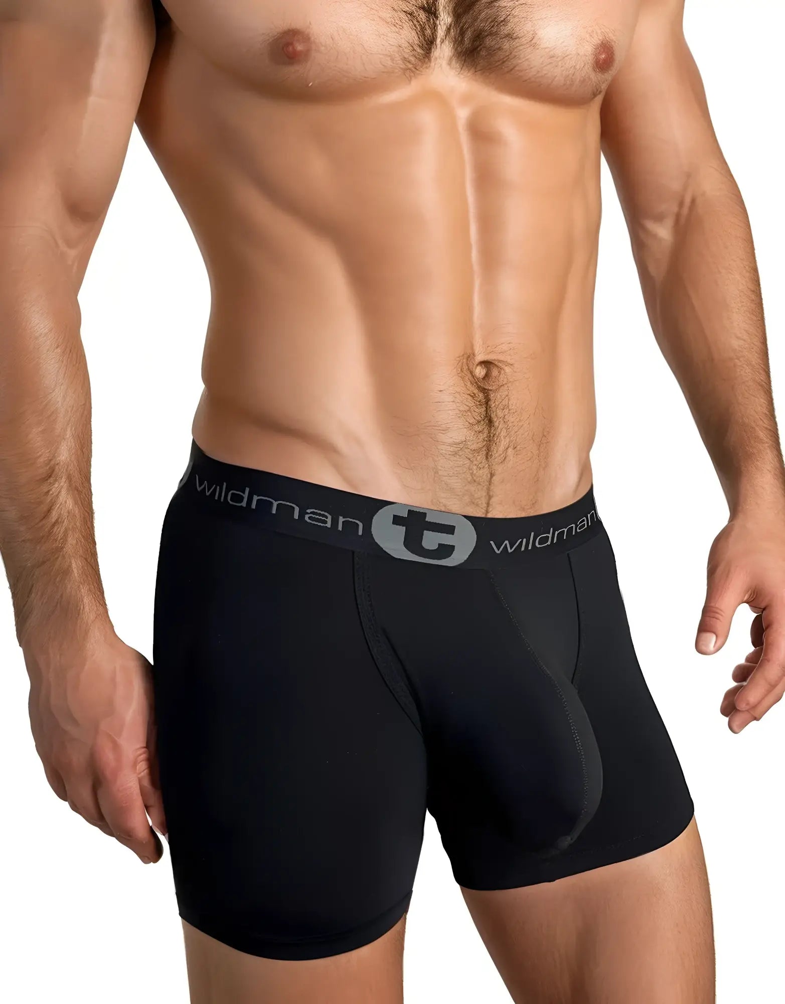 Black wildman big boy pouch 5 inch inseam boxer briefs in black with gray elastic waistband featuring brand logo