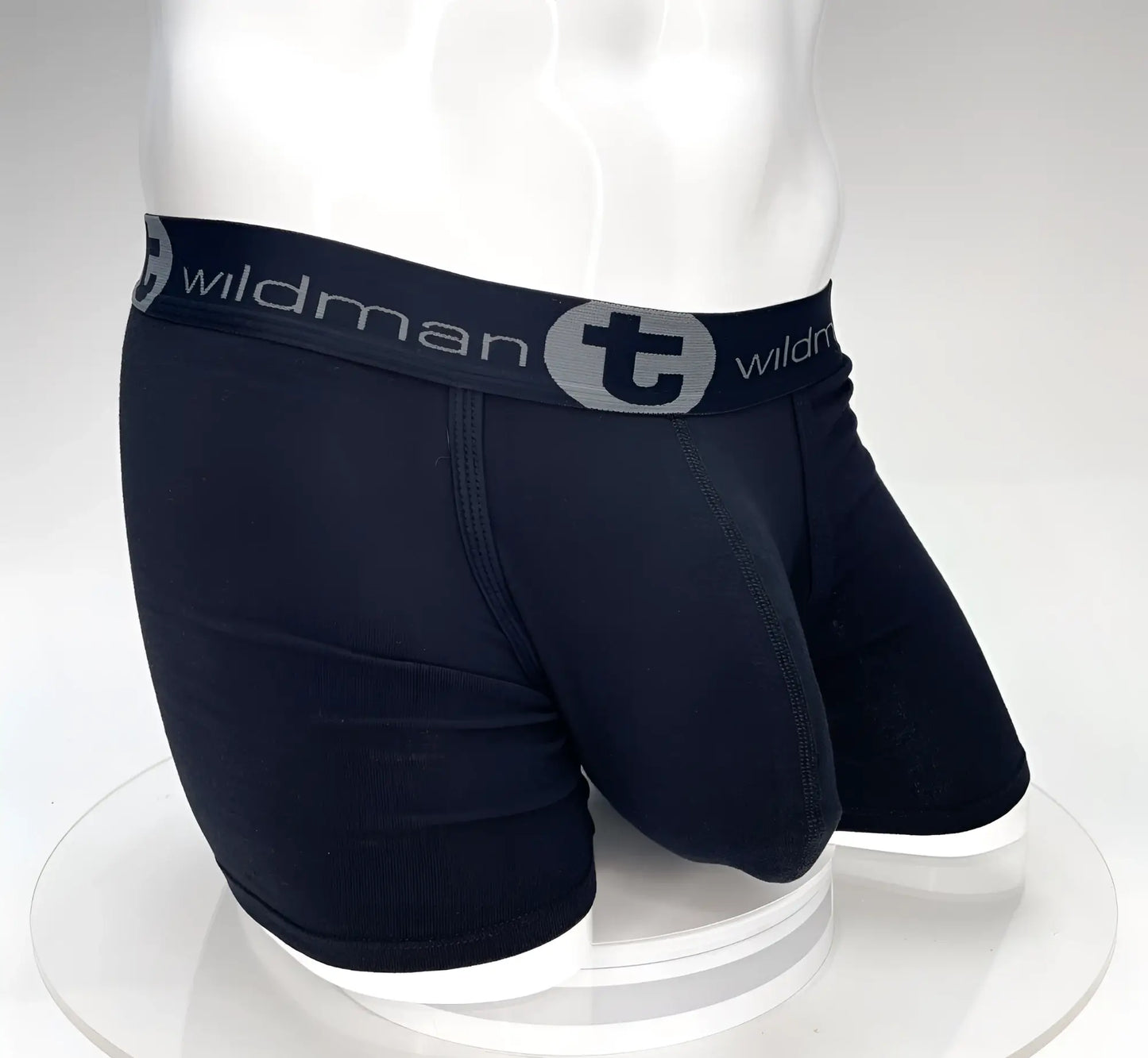 Black wildman big boy pouch boxer briefs with 5 inch inseam black fabric and gray elastic waistband with logo